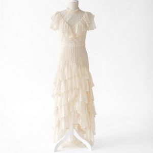 Joyfolie ruffled lace high neck cream fitted maxi dress